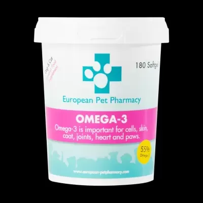Embalagem de suplemento alimentar Omega-3 para cães e gatos com rótulo azul e rosa