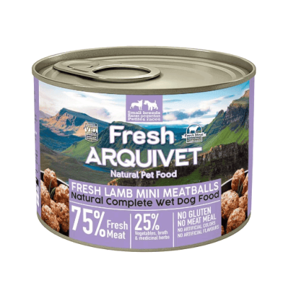Lata de comida para cães Fresh ARQUIVET mini almôndegas de cordeiro com montanhas ao fundo