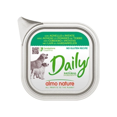 Embalagem de comida húmida para cães almo nature Daily com imagem de cães e texto de ingredientes
