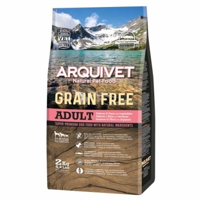 Embalagem de ração para cães ARQUIVET GRAIN FREE ADULT 2 kg com imagem de montanhas e lago