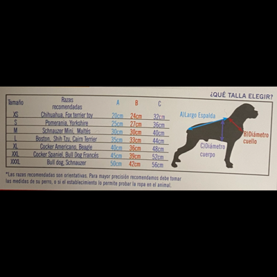 Tabela de tamanhos para roupa de cães com medições para várias raças e gráficos de medidas.