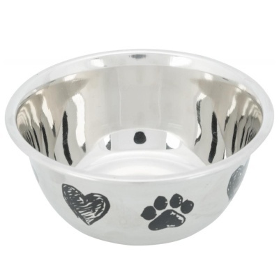 Taça de aço inoxidável para animais com corações e pegadas pretas