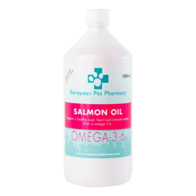 Frasco branco de óleo de salmão para animais com rótulo azul e rosa