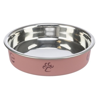 Comedouro ou bebedouro redondo para animais em aço inox e rosa com desenhos de patinhas