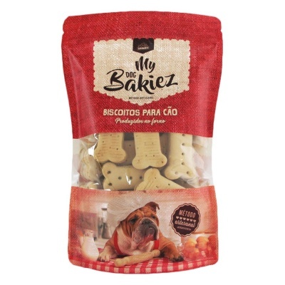 Pacote de biscoitos para cão My Dog Bakiez vermelho com janela transparente e bulldog na embalagem