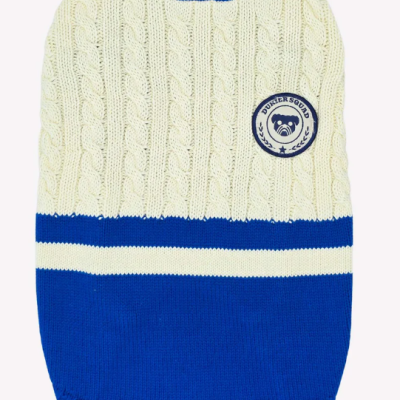 Suéter tricotado para cão creme e azul com emblema de urso e texto