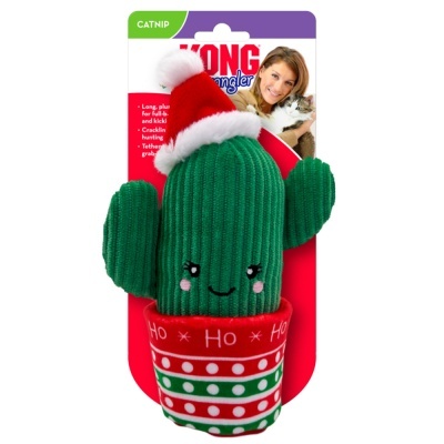 Brinquedo de gato cacto verde com chapéu de Natal e base decorada HO HO HO em embalagem KONG