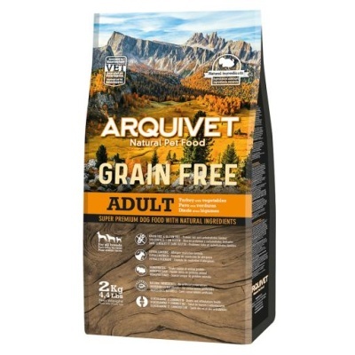 Pacote de ração para cães Arquivet Grain Free Adult 2 kg com imagem de montanhas e vegetação outonal