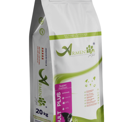 Saco de ração para cães Armentum pet food 20 kg branco e verde com etiqueta rosa
