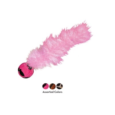 Brinquedo para gatos com bola rosa e preta e penas cor-de-rosa