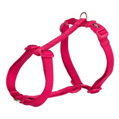 Peitoral para cão rosa em nylon com fivelas e argolas metálicas