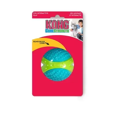Bola KONG CoreStrength verde e azul para cães em embalagem vermelha