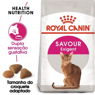 Sacola de ração Royal Canin Savour Exigent para gatos com imagem do produto e texto em português.