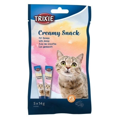 Embalagem de snacks cremosos para gatos TRIXIE com sabor a camarão e imagem de gato