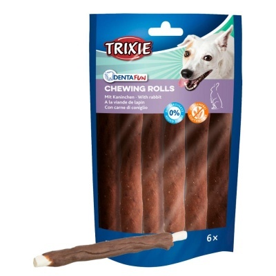 Embalagem azul e roxa de snacks para cães com imagem de cão e texto TRIXIE DENTA FUN CHEWING ROLLS com carne de coelho
