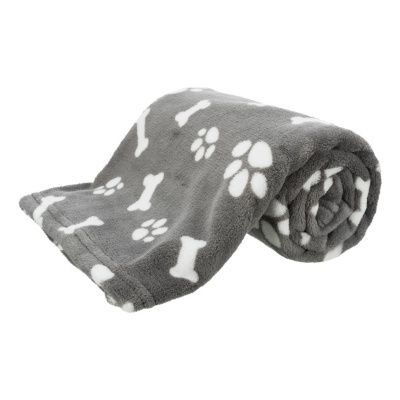 Manta cinzenta com padrão branco de ossos e pegadas de patas