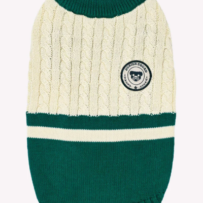 Camisola de malha verde e creme para cão com emblema e padrão trançado