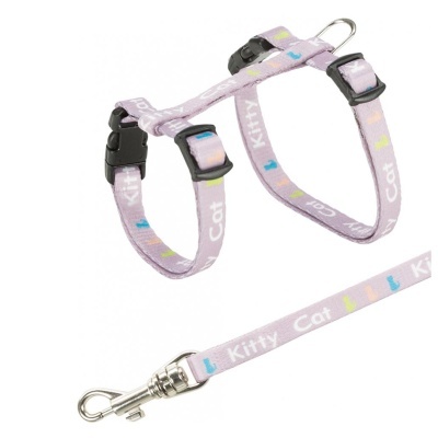 Trela e peitoral para gato lilás com texto 'Kitty Cat' e patinhas coloridas