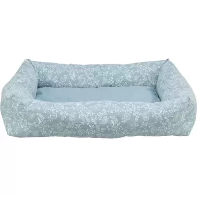 Cama para animal de estimação azul claro com padrão floral branco
