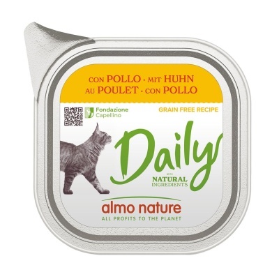 Embalagem de comida para gatos almo nature Daily com capa branca e gato cinzento na etiqueta