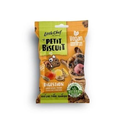 Pacote de biscoitos veganos para cães Petit Biscuit com imagem de cão e ingredientes