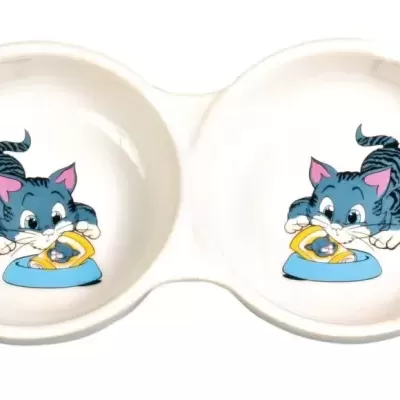 Comedouro duplo de cerâmica branca com ilustração de gato azul