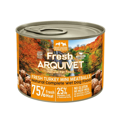 Lata de comida para cães Fresh ARQUIVET com almôndegas de peru, rótulo laranja e floresta outonal