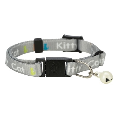 Coleira cinzenta para gatos com texto e sino