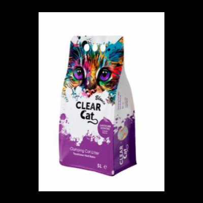 Saco de areia para gatos CLEAR cat com imagem colorida de gato e texto