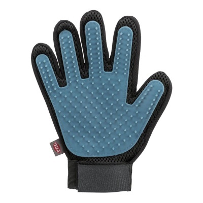 Luvas pretas com almofada azul texturizada e etiqueta TRIXIE