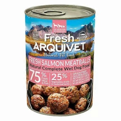 Lata de comida húmida para cães Fresh Arquivet sabor meatballs de salmão com imagem de montanhas e albóndegas.