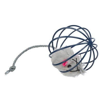 Brinquedo para gatos com rato de pelúcia num gaiola azul e corda cinzenta
