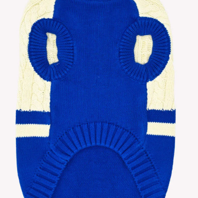 Camisola de malha azul e branca para cão