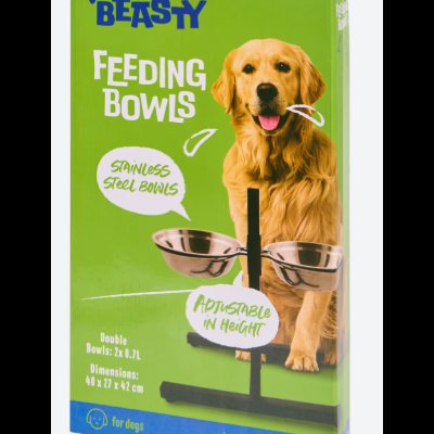 Embalagem verde de tigelas de alimentação ajustáveis para cães da marca Beasty com imagem de cão