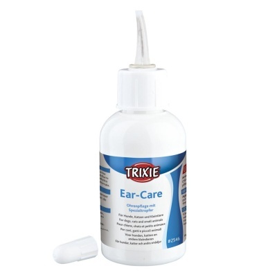 Frasco branco plástico Ear-Care TRIXIE com tampa e aplicador junto a tampa extra