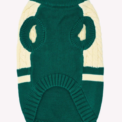 Camisola para cão em tricô verde escuro e creme com padrão trança nas mangas