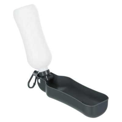 Comedouro portátil branco e cinza para animais com garrafa de água e gancho.