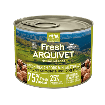 Lata de comida húmida para cão ARQUIVET Fresh com imagem de almôndegas e paisagem de campo
