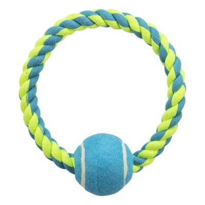 Brinquedo para cães com corda trançada azul e amarelo e bola de ténis azul.