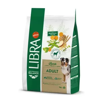 Saco de ração para cães LIBRA Adult verde e branco com imagem de cão