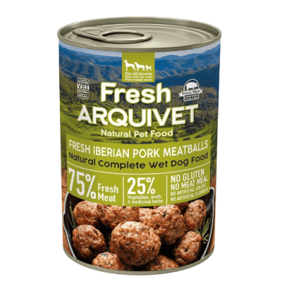 Lata de comida húmida para cães Fresh Arquivet com almôndegas de porco ibérico e rótulo verde