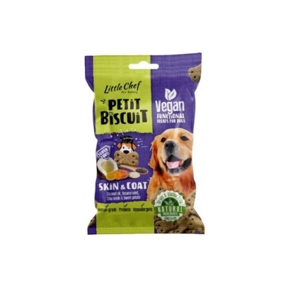 Pacote roxo e verde de biscoitos para cães vegan PETIT BISCUIT com imagem de cão