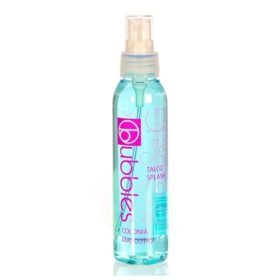Frasco spray transparente com líquido azul e rótulo fucsia