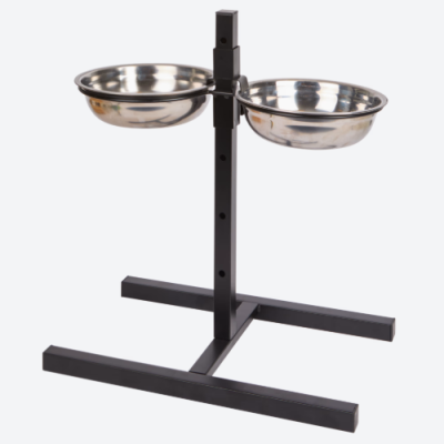 Comedouro duplo para animais com suporte preto e tigelas de aço inox