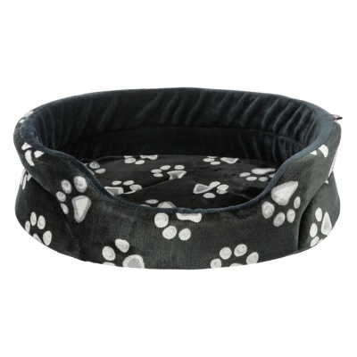 Cama redonda cinza escuro para animais com padrão de pegadas brancas