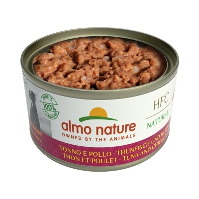 Lata aberta de comida húmida para animais Almo Nature sabor atum e frango