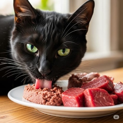 Gato preto com olhos verdes lambendo patê em prato branco com pedaços de carne crua