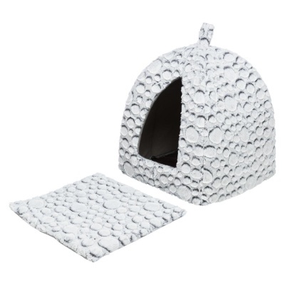 Cama para animais felpuda cinza com textura circular e almofada destacada