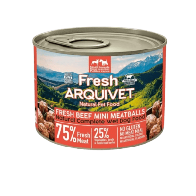 Lata de comida húmida para cães Fresh Arquivet com mini almôndegas de carne e texto no rótulo.