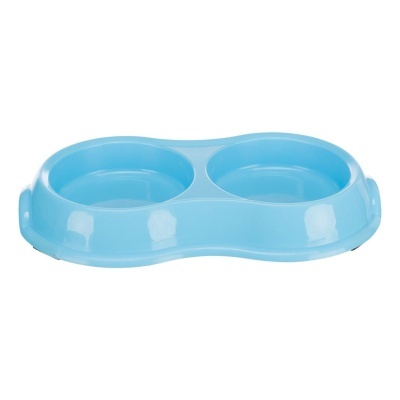 Comedouro duplo para animais de estimação em plástico azul.